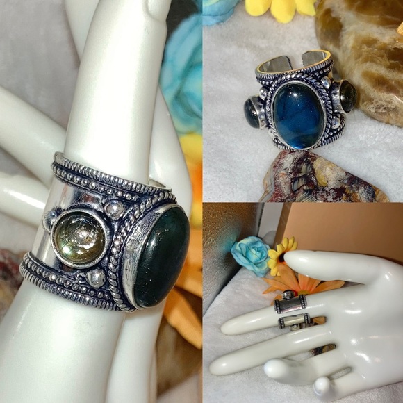 * Blue Flash * Labradorite Gemstone Chunky Handmade Shield Armor Ring - Picture 7 of 8